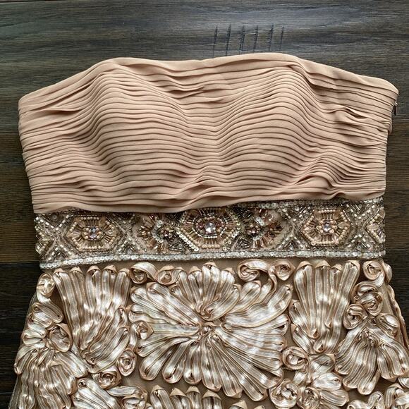 SUE WONG Strapless Dress Womens Sz 2 Cream Tan Soutache Beaded Cocktail Holiday - Picture 2 of 8